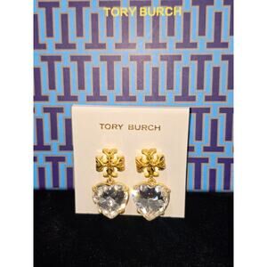 Tory Burch Gold New Roxanne Czech Stone CLEAR Crystal Large Drop Earrings - NWOT
